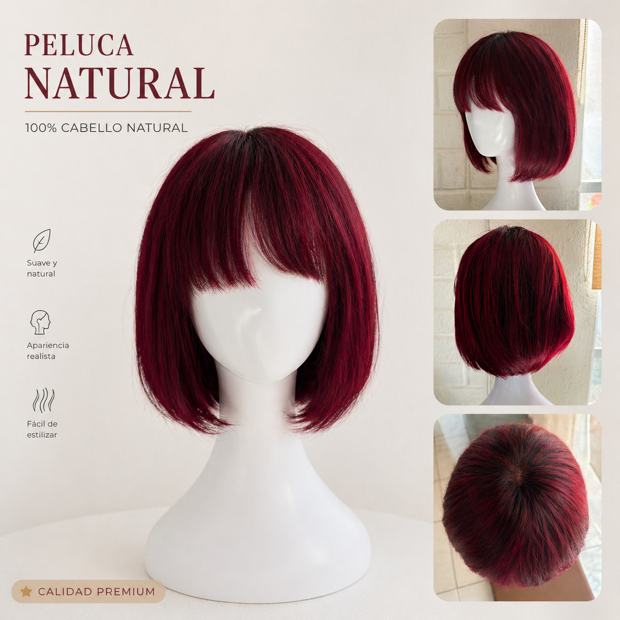 ✨ Peluca Natural Bob – Tono Burgundy ✨
