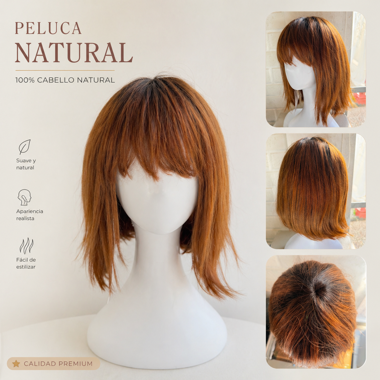 ✨ Peluca Natural Bob con Flequillo – Tono Cobrizo ✨