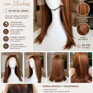 Peluca Melena Castaña con Mechas Naturales – 55 cm | Efecto Realista HD