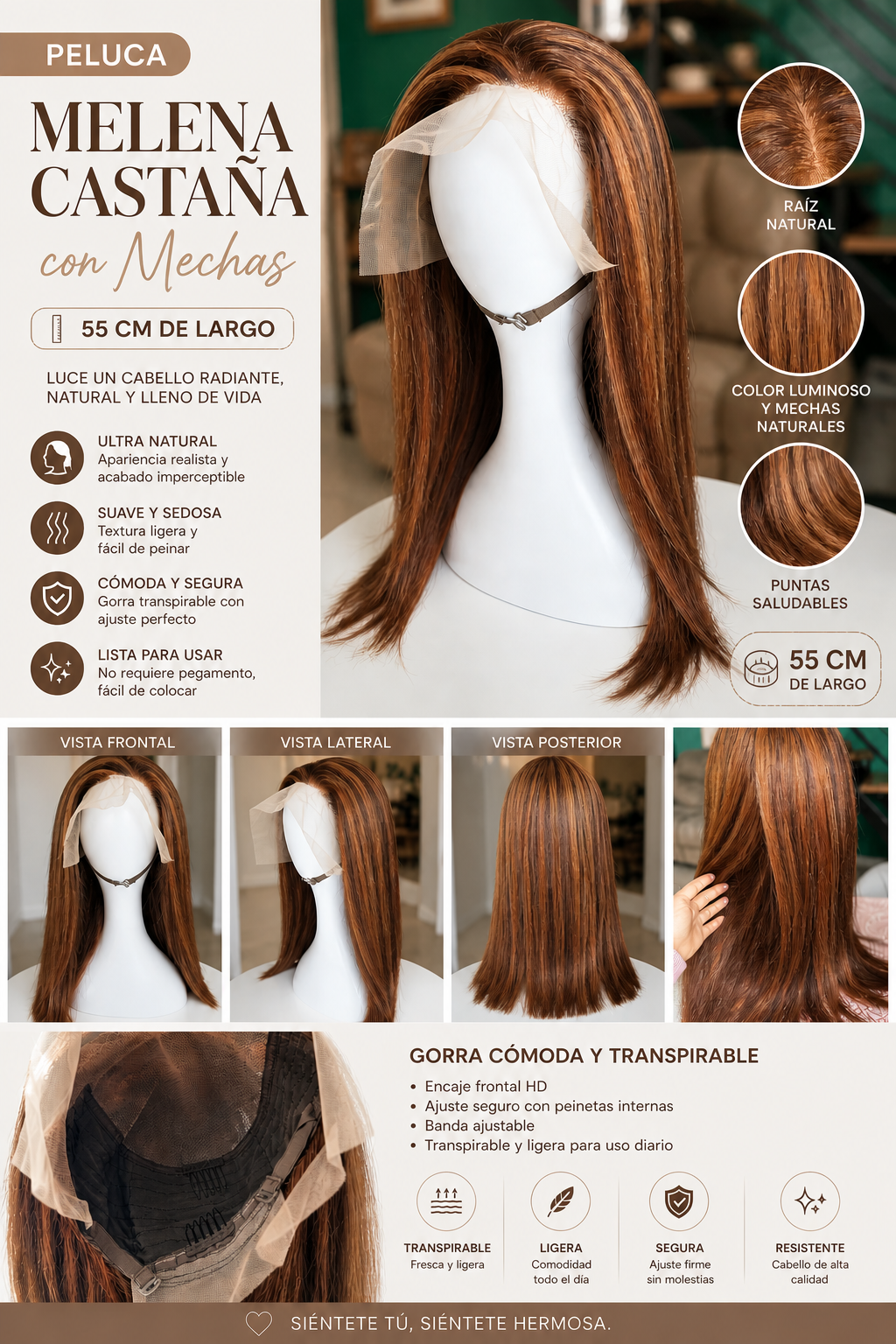 Peluca Melena Castaña con Mechas Naturales – 55 cm | Efecto Realista HD